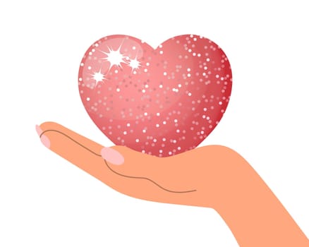 Luxurious shiny pink heart in a female hand. Illustration, valentine, wedding icon, vector