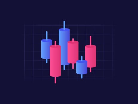 Japanese candlestick icon. Stock market chart, crypto, forex trading graph with modern candlesticks on dark background. Online trading, technical analysis, financial business concept.