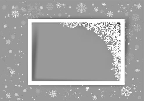 Christmas photo frame corner snow template with shadow and snowfall on gray background. Winter Holiday photography ice snowflake ornament mockup