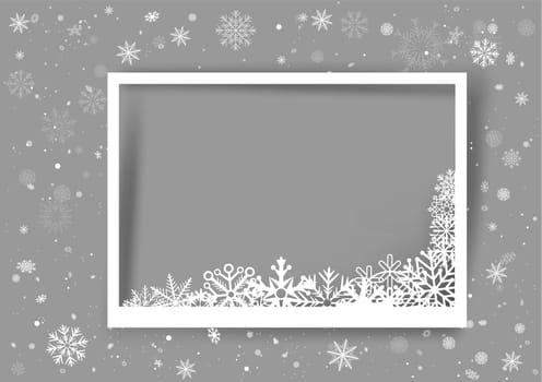 Christmas photo frame with snow in corner template shadow and snowfall on gray background. Winter Holiday photography ice snowflake ornament mockup