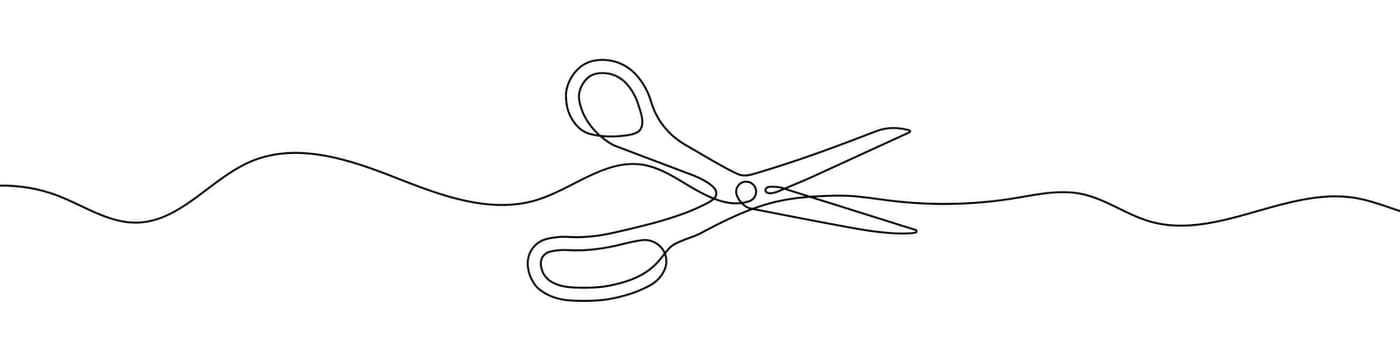 Continuous line drawing of scissors. One line drawing background. Vector illustration. Scissors continuous line.