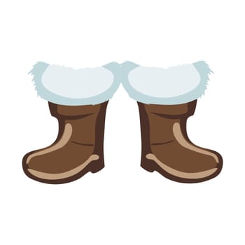 Santa claus boots. A pair of brown leather warm boots with fur. Shoes for a carnival costume of Santa Claus or St. Nicholas. Symbol of Christmas and New Year. Vector illustration.