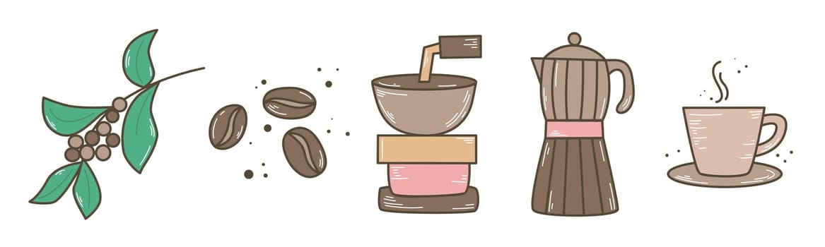 Stages of coffee preparation concept. Coffee on branch, coffee beans, coffee grinder, coffee maker, coffee porridge. Steps to prepare hot invigorating drink, vector doodle sketch illustration