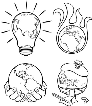 4 conceptual illustrations on environmental subjects in black and white for coloring.