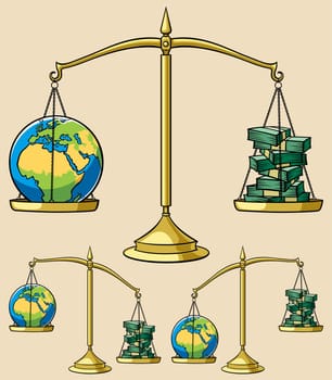 Conceptual illustration on environmental theme, representing Earth weighted on scales against money. It is in 3 versions.