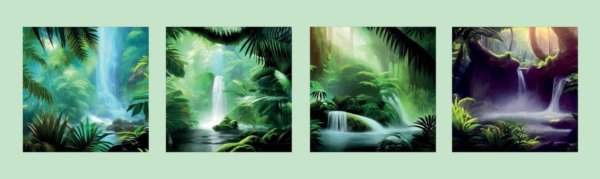Natural tropical landscape with waterfall flowing between rocks and trees. Water stream flows into lake, overgrown with wild bushes and trees. Cartoon tropical panoramic scene, vector illustration