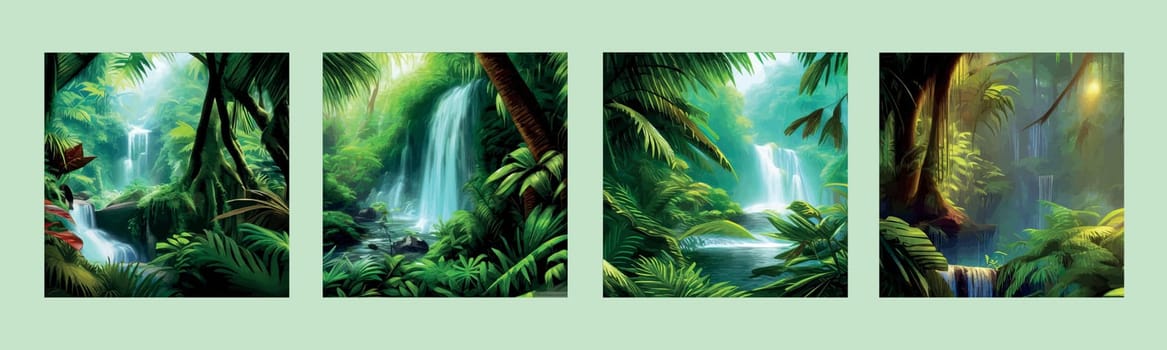 Natural tropical landscape with waterfall flowing between rocks and trees. Water stream flows into lake, overgrown with wild bushes and trees. Cartoon tropical panoramic scene, vector illustration