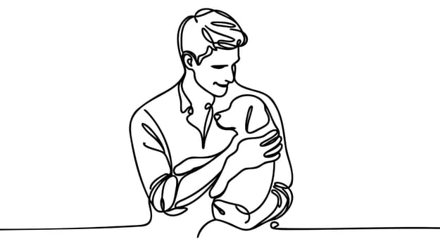 Man holds a dog in his hands or walks with him - one line art vector. concept dog owner, dog grooming.