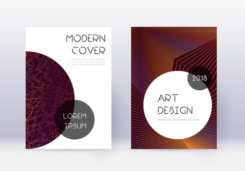Trendy cover design template set. Orange abstract lines on wine red background. Graceful cover design. Elegant catalog, poster, book template etc.