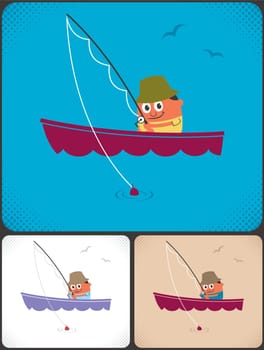 Cartoon character in boat fishing. 
