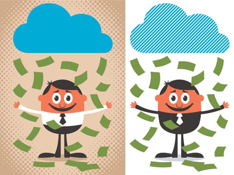 Money raining over cartoon character. The illustration is in 2 versions.