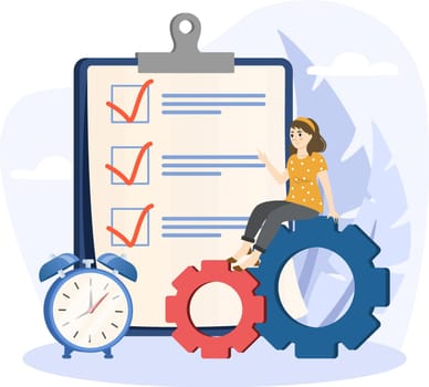 Responsibility illustration. Checklist for work completion, review plan, business strategy or todo list for responsibility and achievement concept standing with pencil after completed all tasks checklist