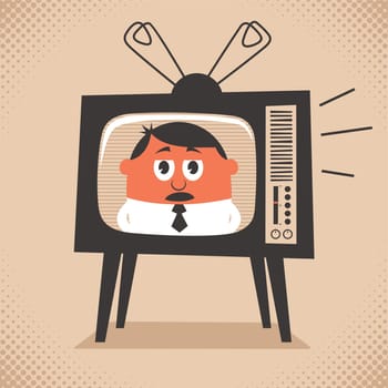 Cartoon illustration of retro television set broadcasting the news.