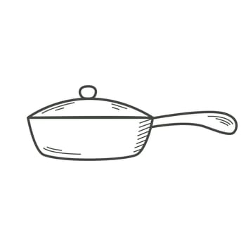 Frying pan doodle sketch style. Hand drawn kitchen utensils clip art. Simple ink homemade frying pan, isolated vector illustration