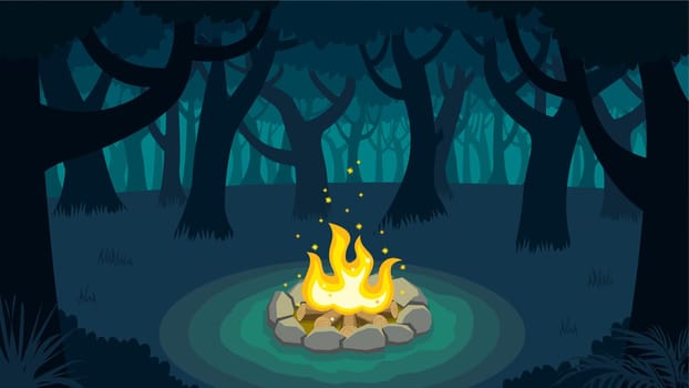 Cartoon illustration of forest campfire. 