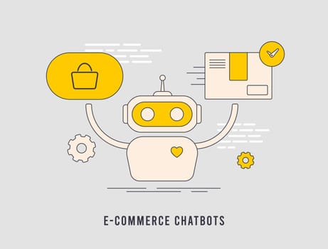 E-commerce chatbot - Offer shopping assistance and ai customer support. Cross-Sell, Upsell with AI. Chatbot to recover abandoned carts, easy order tracking and updates. Isolated vector illustration.