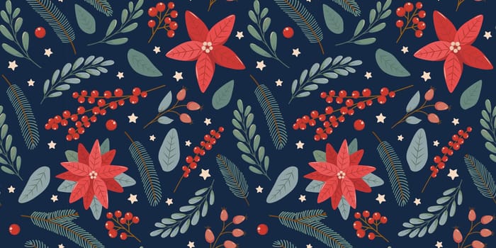 Winter rectangular seamless pattern on blue background with hand drawn christmas tree branches, poinsettia, berries and leaves in flat vector style. Holiday seasonal floral decoration.