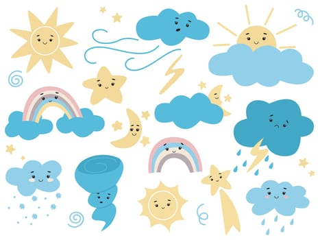 Weather conditions kawaii characters set. Cute faces clouds, thundercloud, sun, hurricane, snow, rain, rainbow. Hand drawn baby illustration, isolated vector illustration