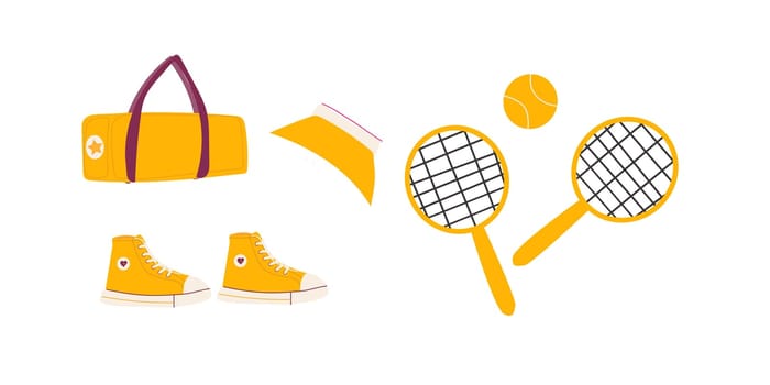 tennis set sporting equipment with bag and cap. Vector illustration isolated. Tennis racket, ball, sport shoes, bag and girls cap. Yellow equipment and weather for tennis.
