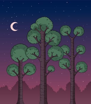 Cartoon illustration of a dark forest at night. 