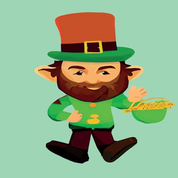 Happy St. Patrick's Day. Character with green hat. Cartoon funny leprechaun on green background, holiday card. Vector illustration