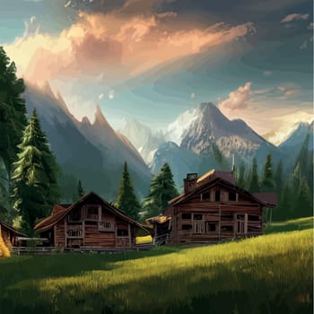 House forester far from civilization. Cartoon terrain in forest with trees, mountains, green grass in meadow. Beautiful vector illustration, summer landscape. Optimal size landscape as background.
