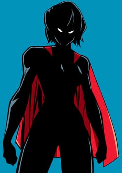 Silhouette illustration of powerful superheroine ready for battle.