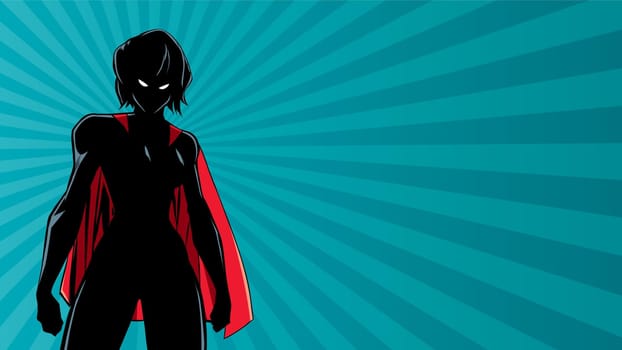 Illustration of powerful superheroine on abstract background.