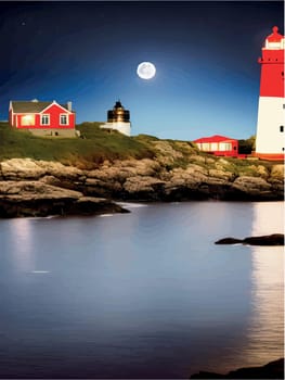 Vector illustration lighthouse in night sea. Lighthouse by sea with mountains, moon and starry night sky. Night landscape on the coast.