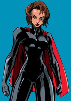 Illustration of powerful superheroine ready for battle.