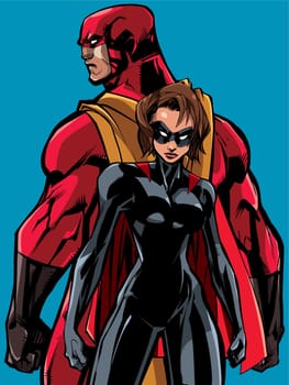 Superhero couple, standing back to back, ready for battle.