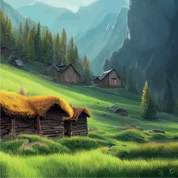 Hut on green meadow in front Rocky Mountains. House in countryside natural clean air. Modern cartoon vector illustration. For posters and wallpaper design