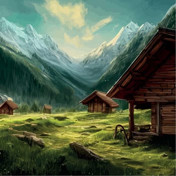 Summer landscape with mountains, village houses and trees against backdrop of mountains. Vector Cartoon illustration of Green Valley village scene with cottages on the foothills.