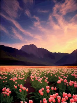 Vector spring background. Dutch landscape with tulip field, mountains and sky with clouds. Flower landscape. For posters, advertisements, wallpapers, landing pages, vector illustration