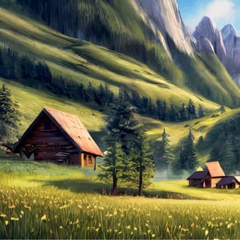 Hut on green meadow in front Rocky Mountains. House in countryside natural clean air. Modern cartoon vector illustration. For posters and wallpaper design