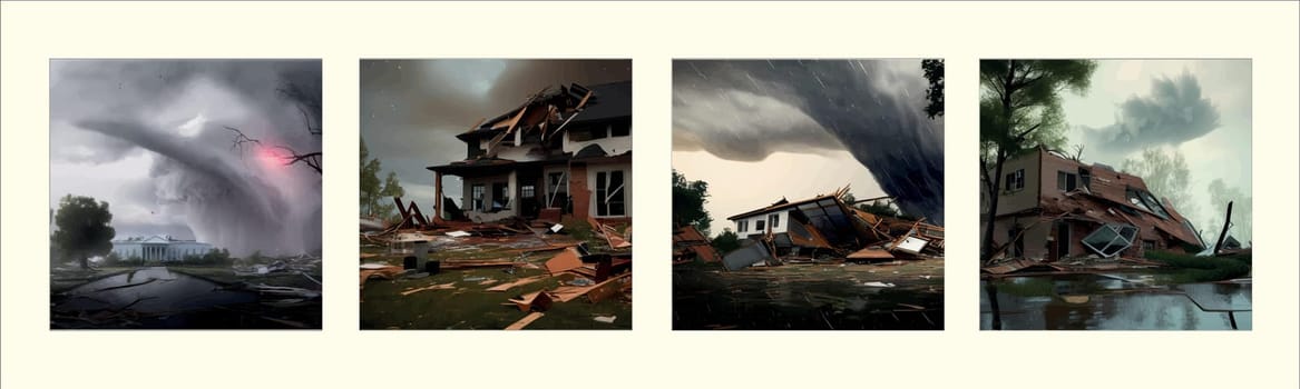 Twisting tornado, destroying civilian building. Hurricane Storm in countryside. Natural chimney in natural disaster natural cataclysm, storm wind and downpour with thunderstorm, vector illustration.