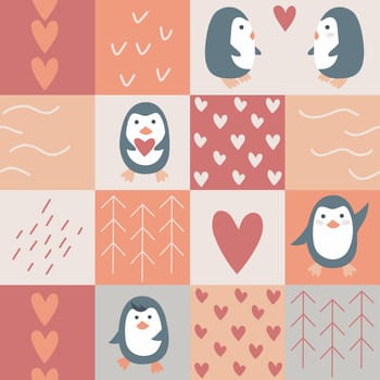 Penguins in love seamless pattern vector illustration. Background with cute characters, hearts and squiggles. Cute romantic valentine s day print