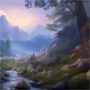 Landscape with blue misty mountains, beautiful forest and river against backdrop of sunrise. Wildlife vector illustration for posters and wallpapers, mysterious morning nature
