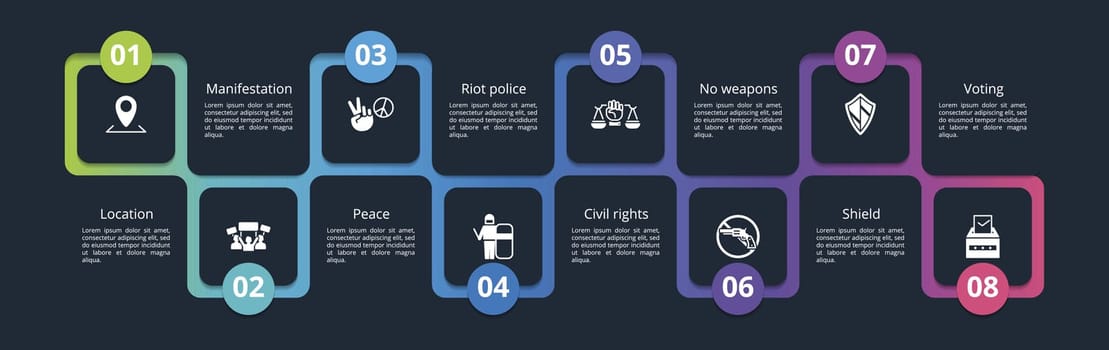 Infographics with Civil Rights theme icons, 10 steps. Such as no weapons, manifestation, peace, riot police and more.