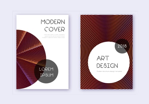 Trendy cover design template set. Orange abstract lines on wine red background. Graceful cover design. Likable catalog, poster, book template etc.