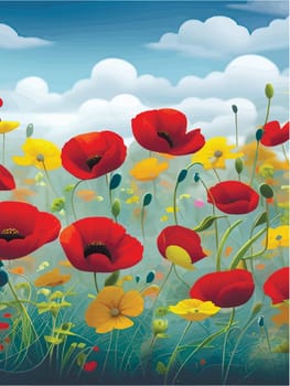 Simple natural vertical background with red blooming poppies. Spring landscape with poppy field, floating clouds on the sky. Nature Look Vector illustration.