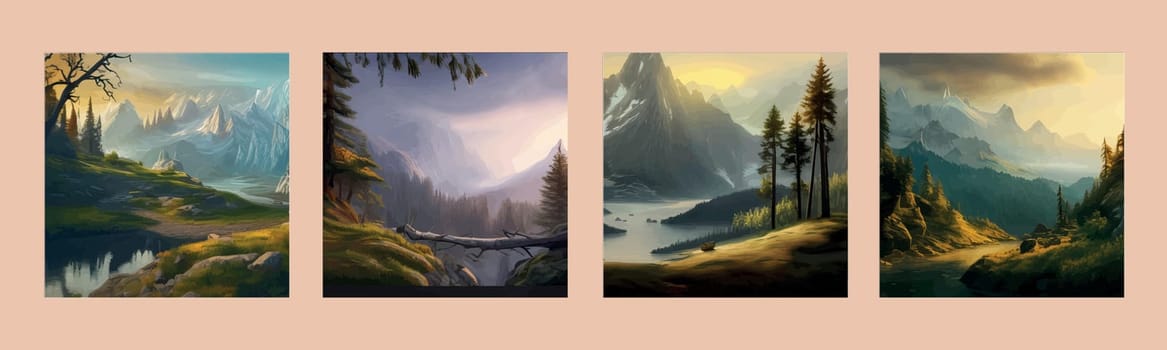 Forest and mountains river landscape vector. Foggy cloudy day vector illustration. Summer season alpine wildlife with scenic view