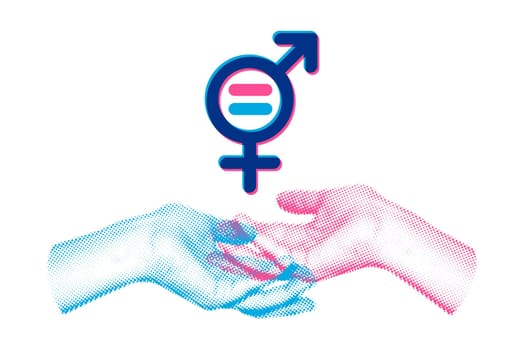 Equality gender symbol art collage with male and female halftone hands showing equal sign. Parity, rights, equity, unity concept. Banner, poster with modern retro risograph style elements