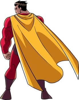 Full length rear view of a powerful superhero with yellow cape standing ready for action against white background with copy space