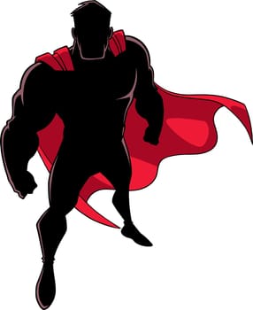 High-angle silhouette illustration of powerful and determined man wearing superhero costume during courageous intervention against white background for copy space.