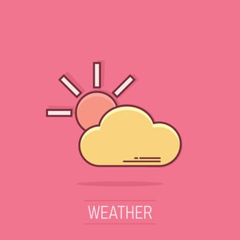 Vector cartoon weather forecast icon in comic style. Sun with clouds concept illustration pictogram. Cloud business splash effect concept.