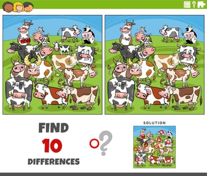 Cartoon illustration of finding the differences between pictures educational activity with cows farm animal characters group