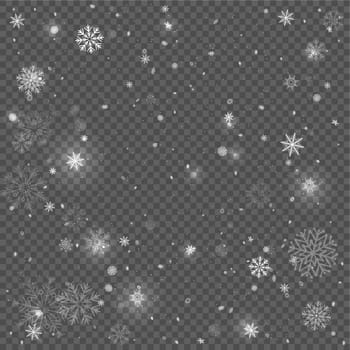 Christmas snowfall winter transparent backdrop on gray color. Holiday snow. Falling snowflakes on grey background.