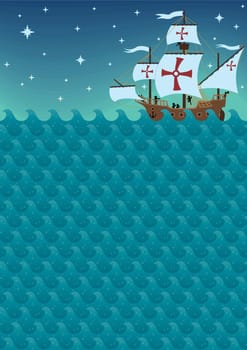Background with sea waves and sail ship. You can remove the crosses or replace them with a logo. A4 proportions. The picture is also seamless pattern and you can multiply it horizontally. 