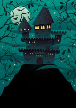 Spooky cartoon castle on steep hill with copy space. No transparency used. Basic (linear) gradients.

